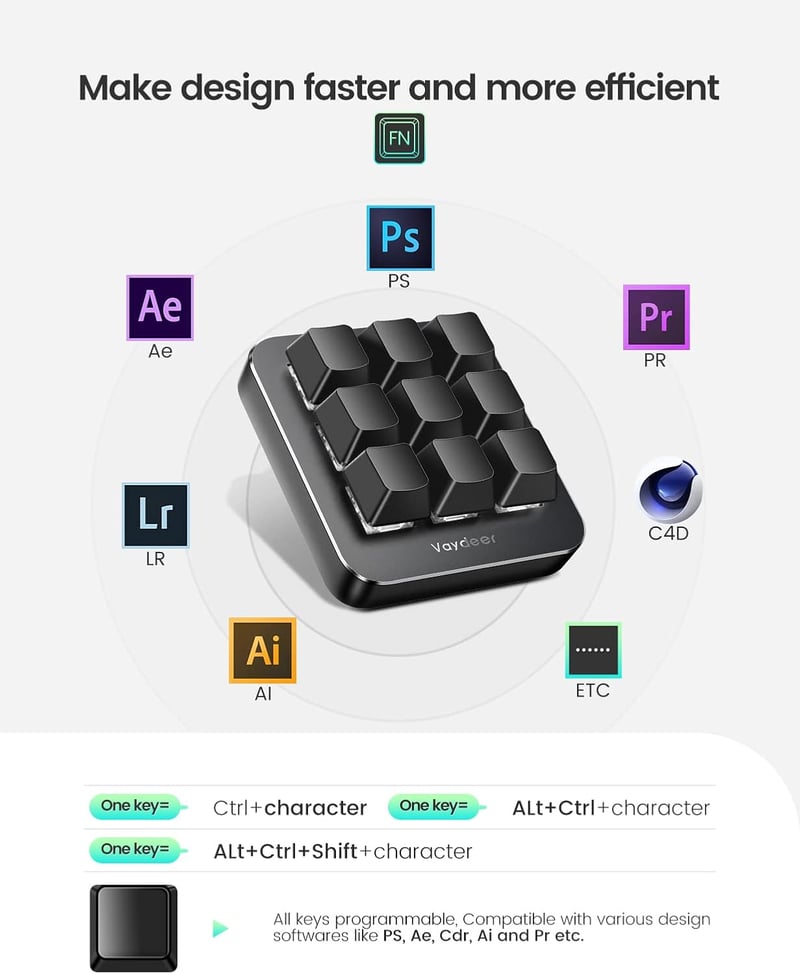 VAYDEER Makró Billentyűzet - Programozható Mini Mechanikus Gamer Keyboard 9 Egyedi Gombbal, 6 Funkcióréteggel, Windows és MacOS Kompatibilit