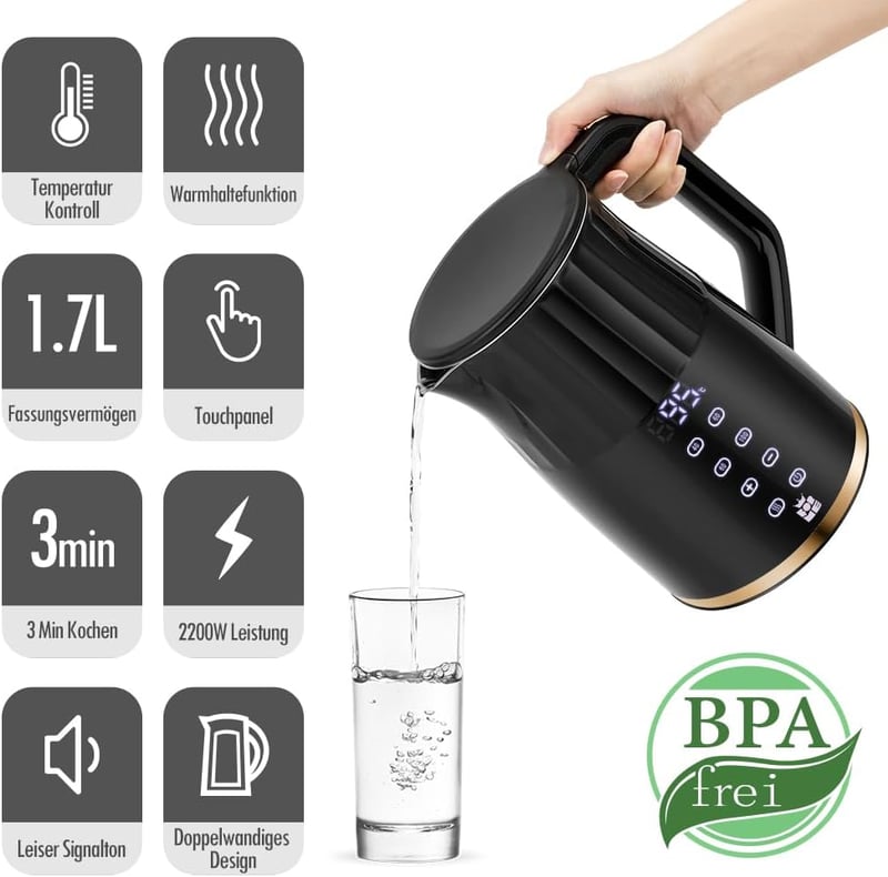 ForMe Rozsdamentes Acél Vízforraló 1,7L - Digitális LED Kijelző, 40-100°C Hőmérséklet Szabályozás, Melegen Tartó Funkcióval, Teafőzéshez, BP