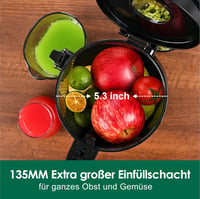 Fretta Slow Juicer 135mm XXL Nyílással - 1,8L Hidegpréselő Gyümölcs és Zöldségprés, Egész Gyümölcsökhöz, BPA-mentes Tritan Anyag, 250W, Szür 2