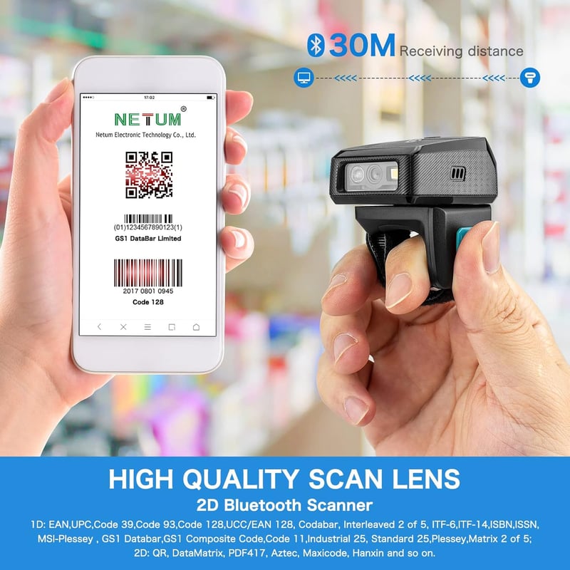 NETUM RS9000 Bluetooth Gyűrűs Vonalkódolvasó - Vezeték Nélküli Mini Szkenner Töltőállomással