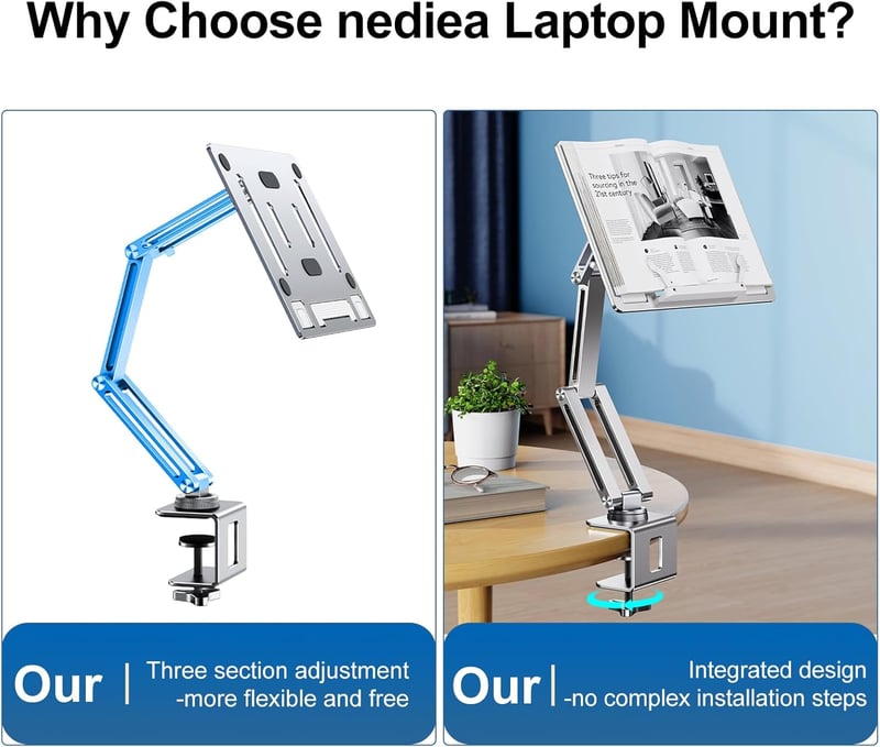 nediea 360°-ban Forgatható Laptop Tartókar - Állítható Alumínium Asztali Állvány 10-16" Laptopokhoz és Tabletekhez, Összecsukható, 10kg Tehe