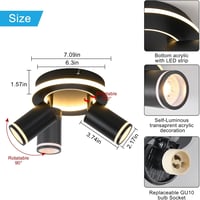 SANSHI Kerek Mennyezeti Spotlámpa 350° Forgatható, 15W+10W LED, Alsó Világítással, 2 GU10 Izzóval, 3000K Meleg Fehér, Modern Fekete Alumíniu 4