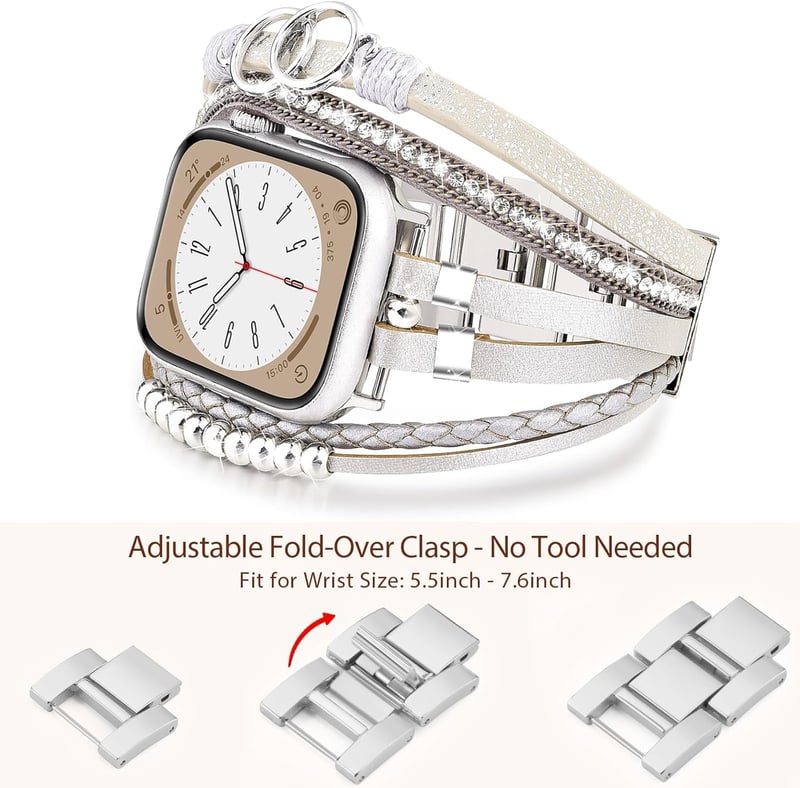 VISOOM Boho Gyöngyös Bőr Szíj Apple Watch 42mm/44mm/45mm/49mm Órához - Női Divatos Kétrétegű Karkötő Series 10/9/8/7/SE Kompatibilis