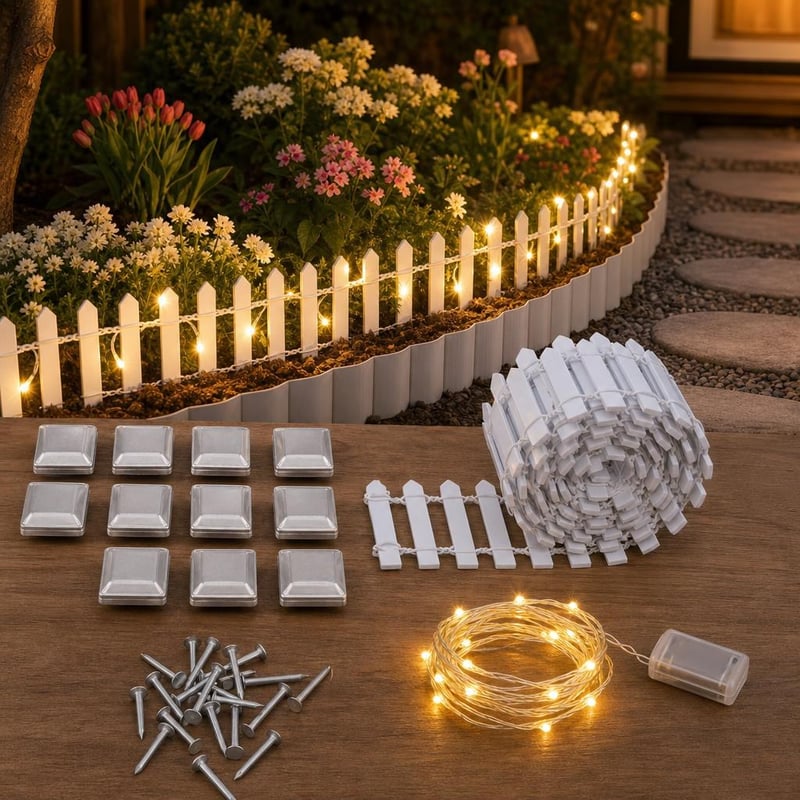 Tündérösvény kerítésvarázs: mini fakerítés + 10 db oszlopsapka + ágyásszegély + 100 szeg + 2 m LED