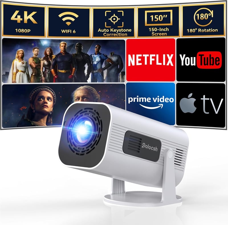 Polocsh 4K Mini Projektor Android 11.0 Rendszerrel - Full HD 1080P Hordozható Házimozi, WLAN6, BT5.2, Auto Keystone, 150" Kijelző, 180° Forg