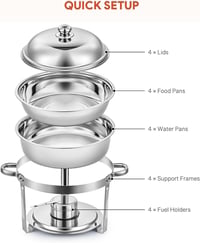 Wilprep 5L Rozsdamentes Acél Ételmelegítő Szett - 4 db Kerek Chafing Dish Melegentartó Tál Rendezvényekhez és Partikhoz 6