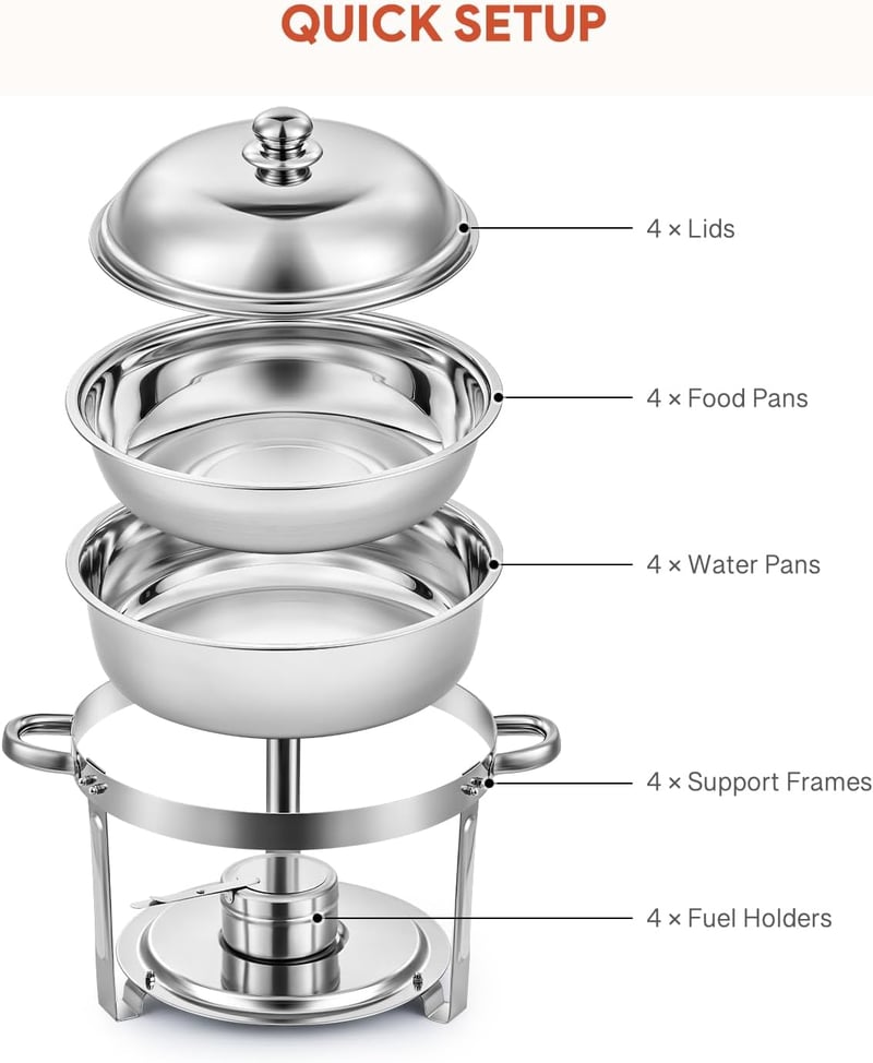 Wilprep 5L Rozsdamentes Acél Ételmelegítő Szett - 4 db Kerek Chafing Dish Melegentartó Tál Rendezvényekhez és Partikhoz