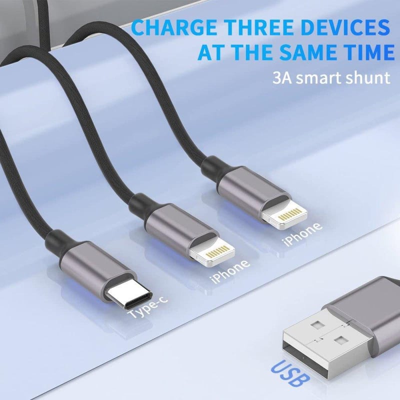 Nylon 3in1 USB kábel iPhone Lightning és Type-C - 1m, többfunkciós töltő