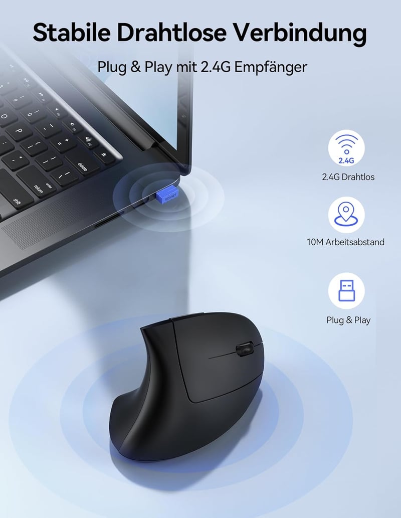 TECKNET Ergonomikus Vezeték Nélküli Egér - Újratölthető, 4800 DPI, Csendes Kattintás, 6 Gomb, LED Kijelző, Fekete