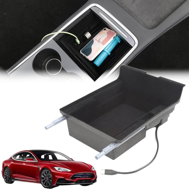Tesla Model 3 Konzol Rendszerező - Kártyatartós, Érmetárolós, USB-s Fekete Tárolórekesz