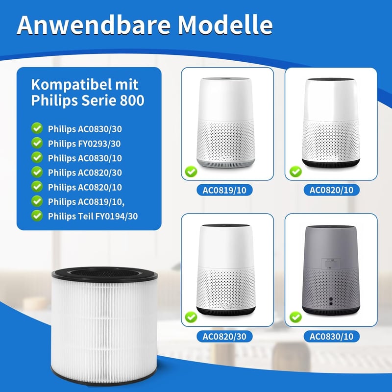 Awinker Aktív Szén Szűrő Philips 800 Sorozatú Légtisztítókhoz - HEPA Szűrő AC0820/10, AC0830/10, AC0819/10 Modellekhez - 99,95% Szűrési Haté