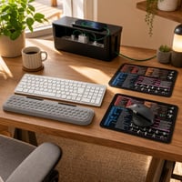 Rendezett home office: QWERTZ billentyűzet + vezeték nélküli egér + 2 db egérpad + csuklótámasz + kábelbox 1