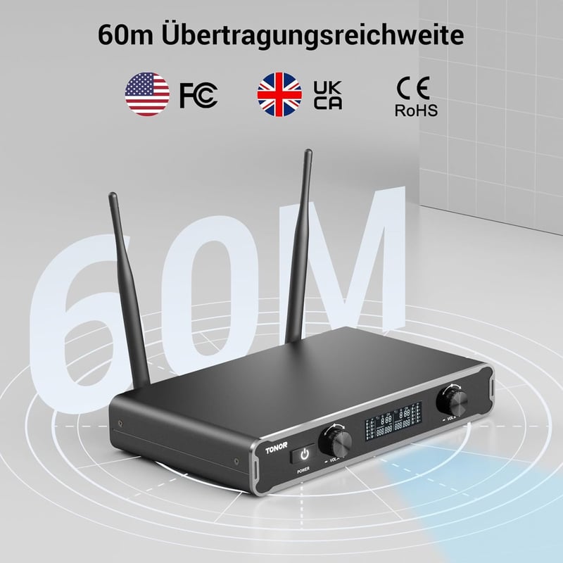 TONOR TW450 Vezeték Nélküli Mikrofon Szett - Duál Karaoke Mikrofon 60m Hatótávval, 5 Csatornával, Vevőegységgel Esküvőre, Előadásokhoz, Szür - Grey and grey