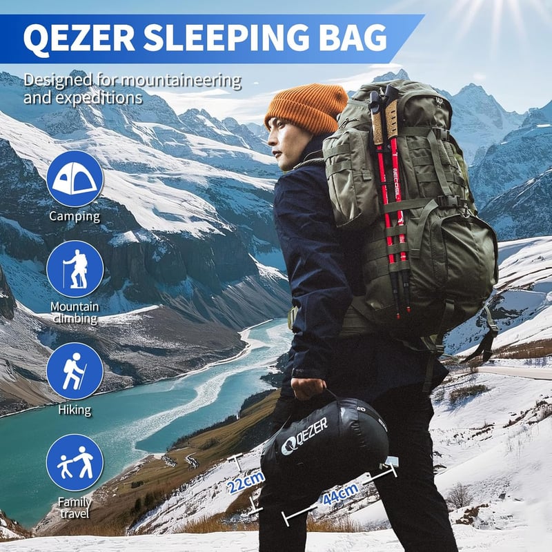 QEZER Téli Pehelytollal Töltött Múmia Hálózsák - 0°C-tól -23°C-ig, Könnyű, Vízálló, Túrázáshoz, Kempingezéshez, Hegymászáshoz (215x78cm) - Black, 1500 g down filling, comfortable temperature -8 °C