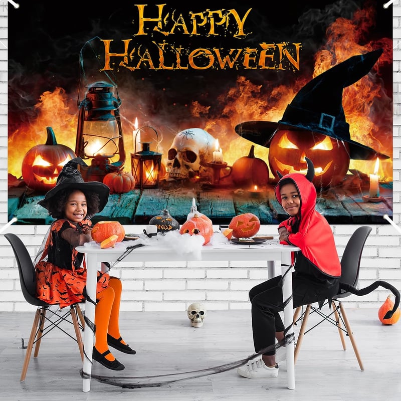 AEESRRU Halloween Dekorációs Molinó - Tök és Szellem Mintás Ajtódísz, Narancssárga-Fekete Háttér, Beltéri-Kültéri Horrordekoráció (180 x 110
