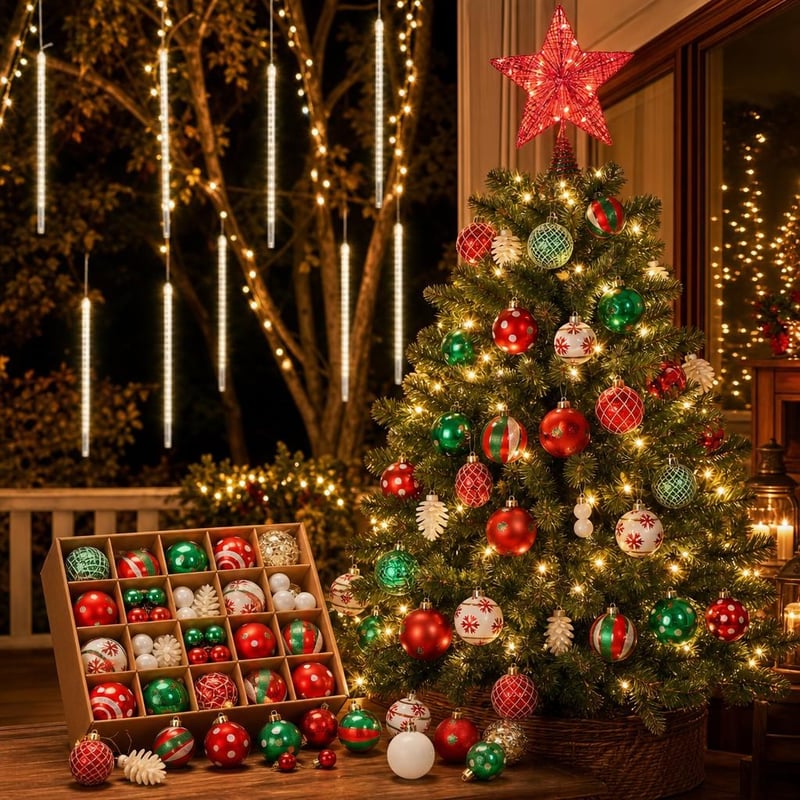 Božićna čarolija: 42 ukrasa za bor + vanjski LED niz + LED zvijezda za vrh bora