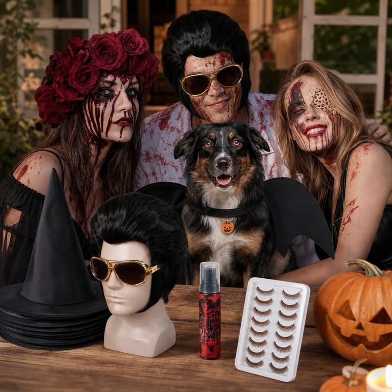 Halloween party set: 1x krila + 1x perika sa naočalama + 1x umjetna krv + 1x trepavice + 10x šešir