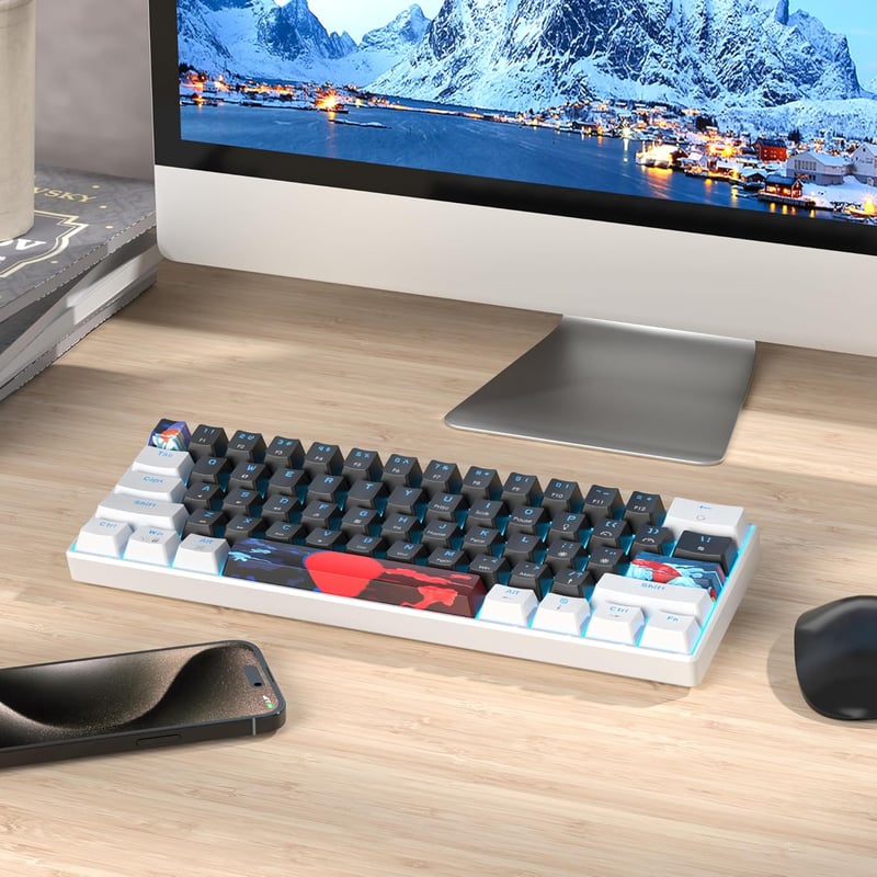 SOLIDEE 61 gombos kompakt mechanikus gamer billentyűzet, piros kapcsolókkal, LED háttérvilágítással, PS5/PS4/Xbox