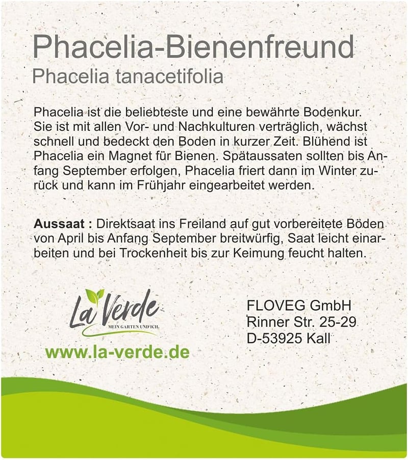 Floveg GmbH Phacelia Talajjavító Vetőmag 400g - Lila Virágú, GMO-mentes, Kültéri Növény, Magas Csírázási Arány, 100cm Magasságig