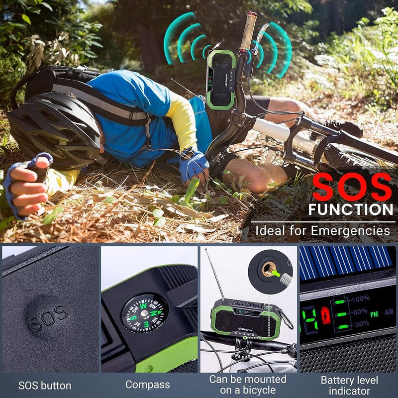 AirGearPro Bluetooth Kurblis Rádió Napelemes Powerbank-kal és LED Lámpával - Vízálló Túrarádió