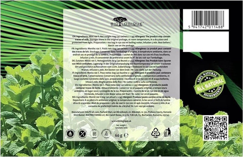 BIOLOGIQUE Prémium Méregtelenítő Mentatea - 40db Koffeinmentes, Antioxidáns Teafilter