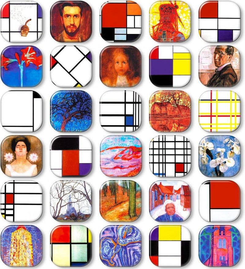 Mondrian stílusú színes négyzet hűtőmágnes szett, 30 db, MORCART