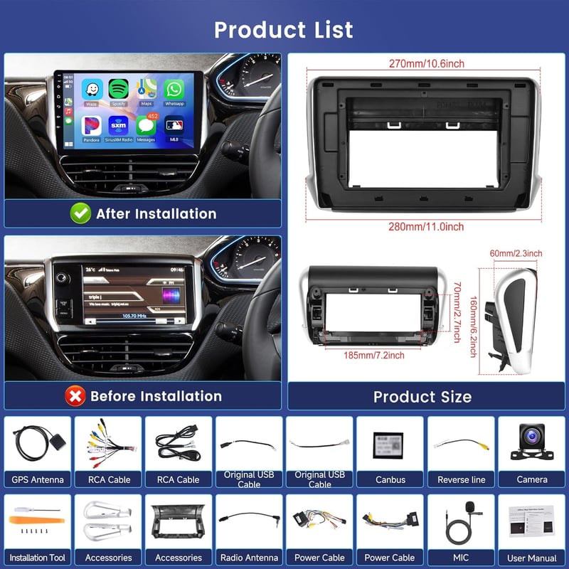 Rimoody 10,1" Android Autórádió Peugeot 2008/208 (2012-2018) - 8 Magos, 4GB+64GB, GPS, WiFi, Bluetooth, CarPlay, Tükrözés, FM/RDS/DAB