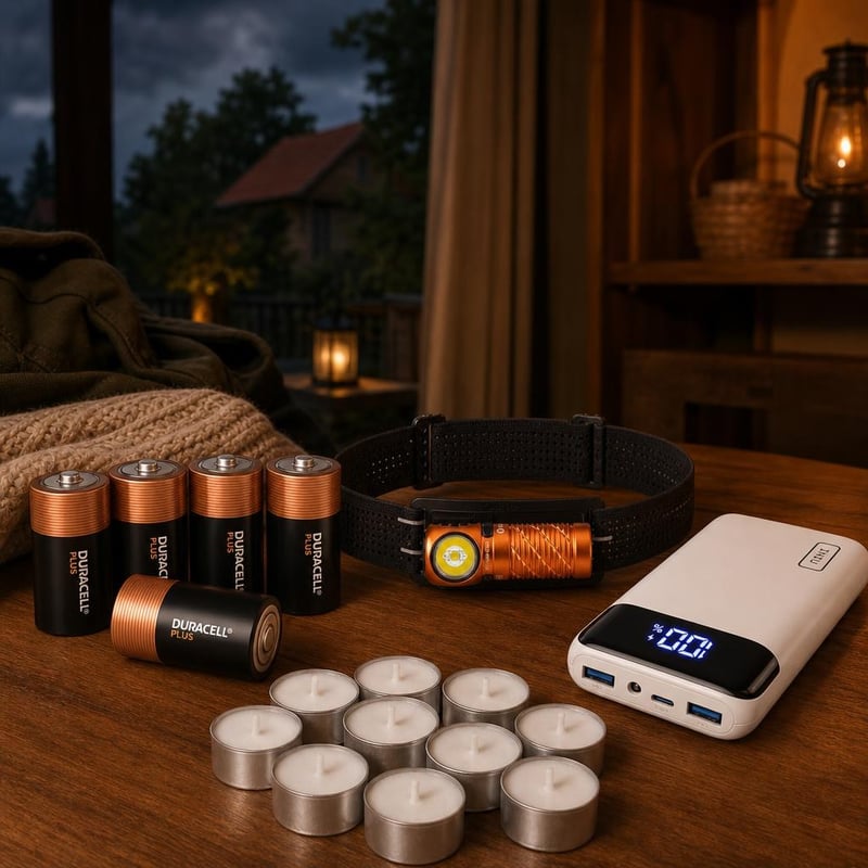 Záchranný balík proti tme: čelovka + powerbanka 20000 mAh + 4x batéria D + 10x svietnik