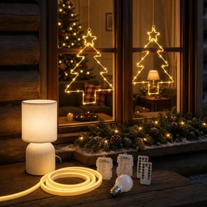 Večernja LED čarolija: 2x LED drvce + 2m LED traka + tekstilna lampa + E27 žarulja