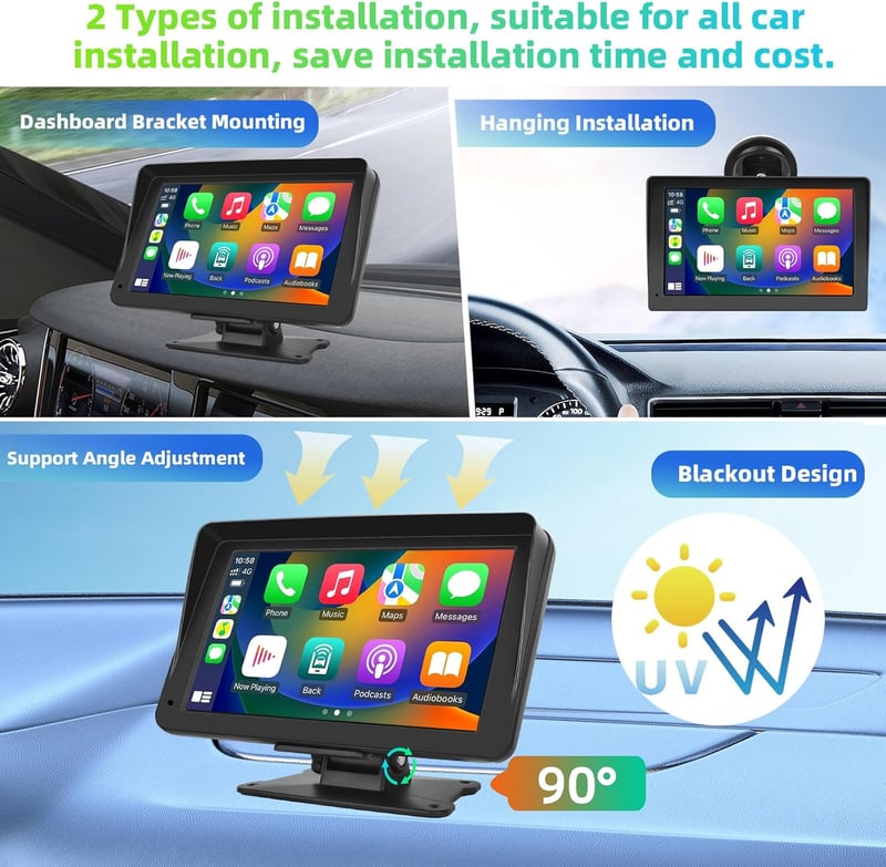 Podofo 7" Hordozható Autórádió - Apple CarPlay/Android Auto Támogatás, Bluetooth, IPS Érintőkijelző, FM, AUX, Tükrözés + 64GB TF Kártya