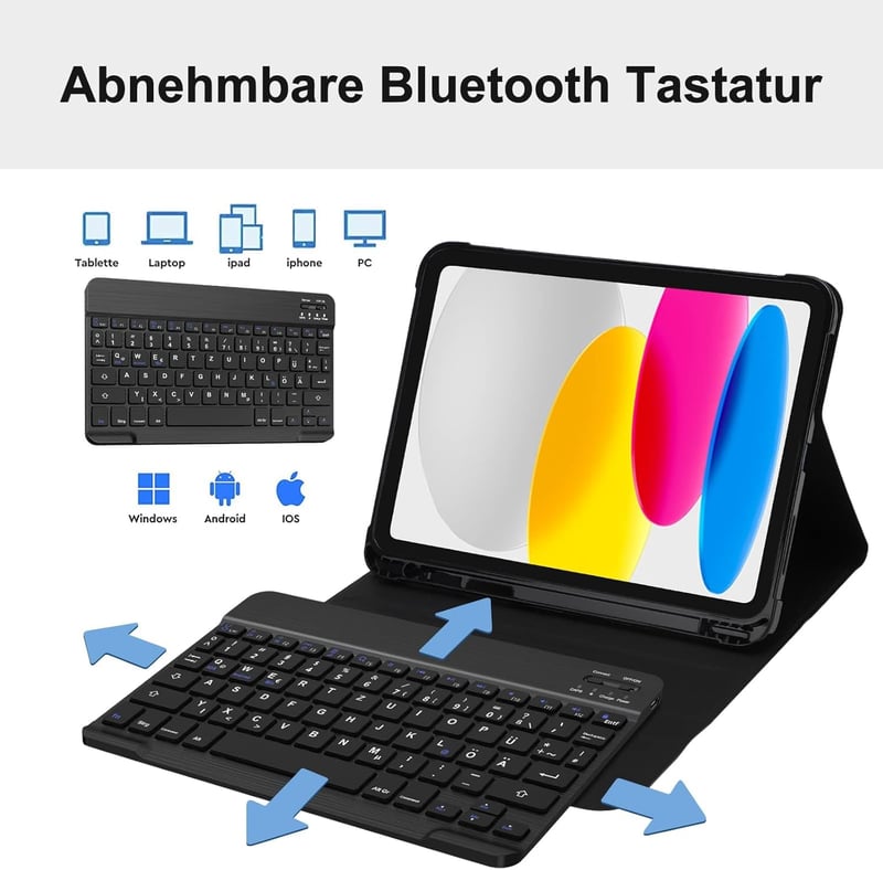 JADEMALL Bluetooth Billentyűzetes Tok iPad 10. Generációhoz (2022) - 10,9" Mágneses QWERTZ Védőtok, Leválasztható Billentyűzet, Fekete