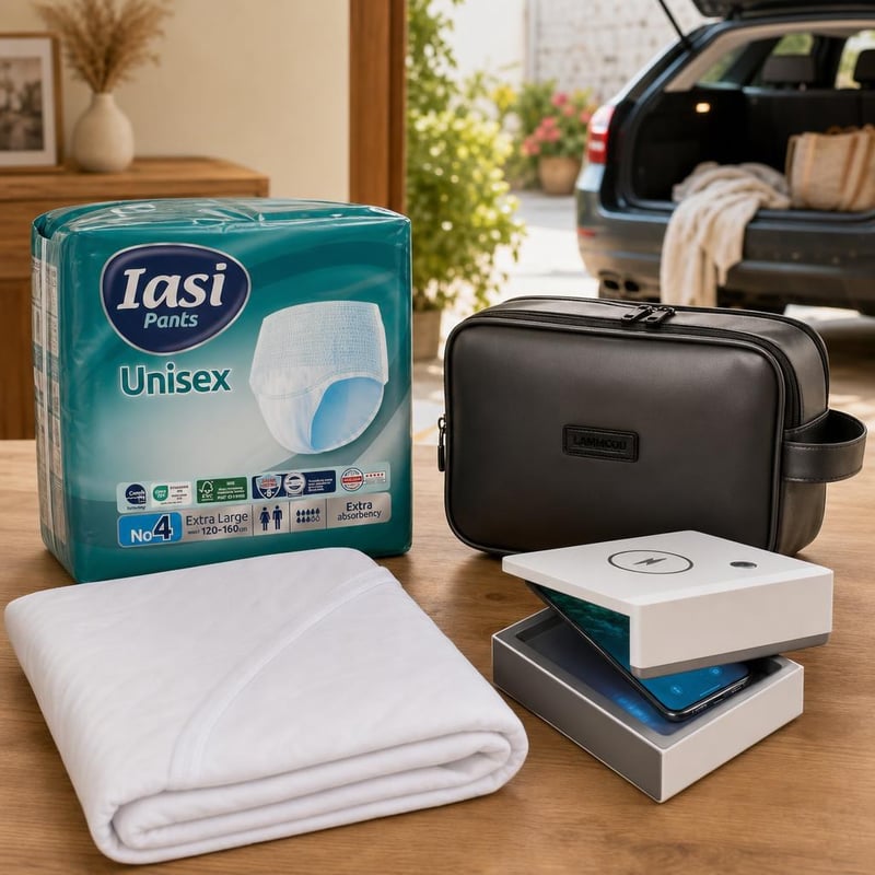 Higijenski putni set: 10x XL inkontinencijske gaćice + zaštita za madrac + UV sterilizator + neseser