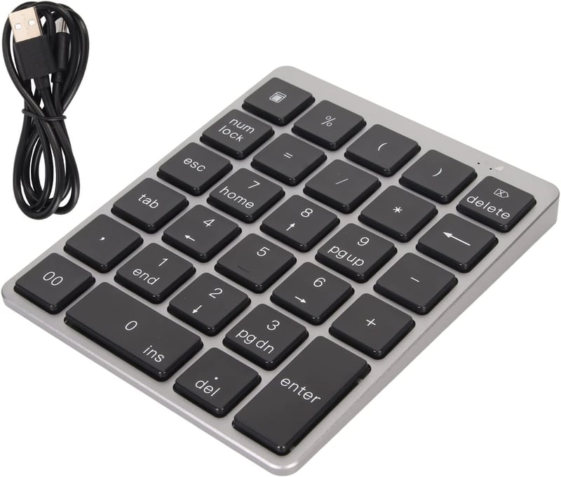 Yunseity Bluetooth és USB-s numerikus billentyűzet, 28 gombos, iOS/Android/Windows, szürke-fekete