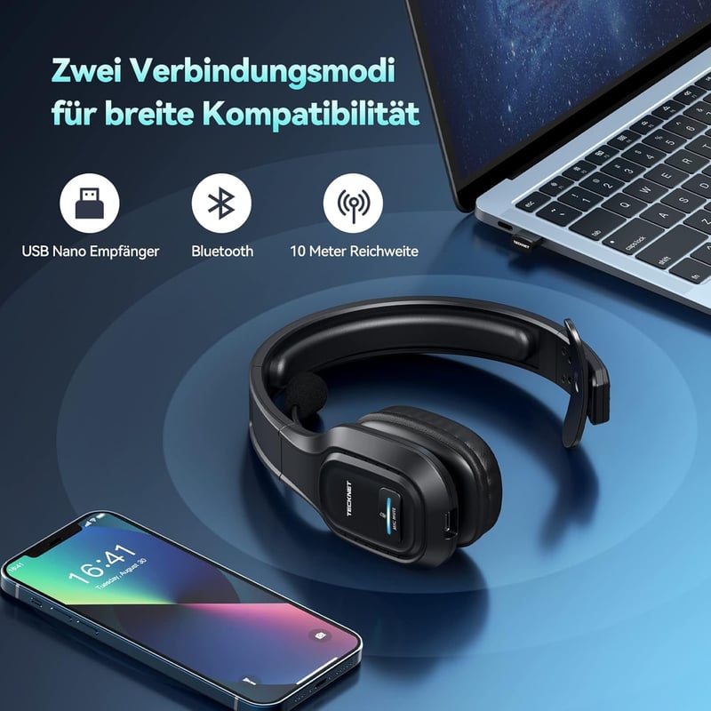 TeckNet Bluetooth fejhallgató mikrofonnal, zajszűrős, töltőállomásos, Skype-kompatibilis