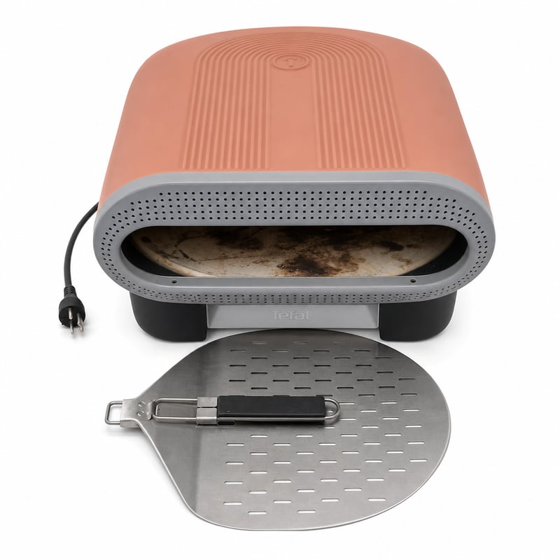 Használt Tefal Pizza Pronto kültéri elektromos pizzasütő, 30 cm, 2600W, automatikus forgó kőlappal, összecsukható pizzalapáttal