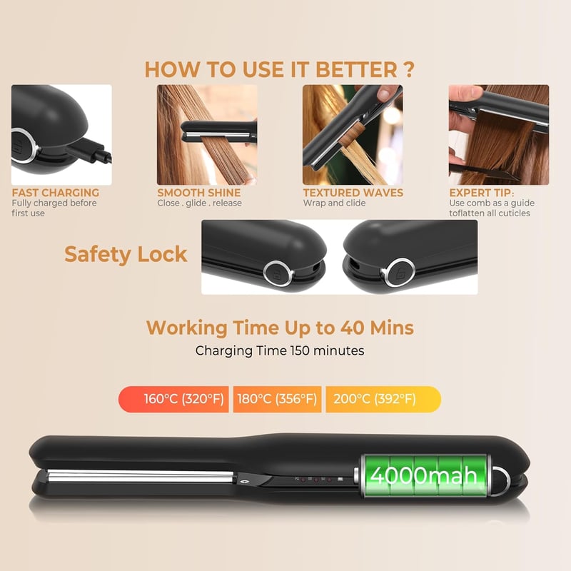 UKLISS Vezeték Nélküli Mini Hajvasaló és Hajgöndörítő 2 az 1-ben - 4000 mAh Akkumulátor, 3 Hőfokozat, Kerámia Lapok, Utazáshoz