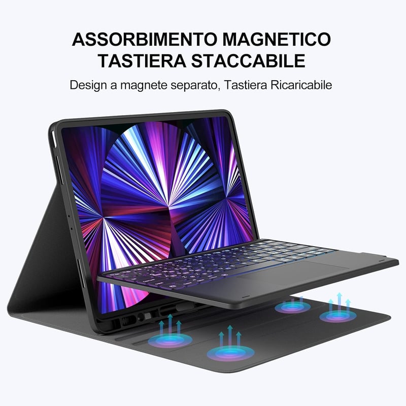 Earto iPad Pro 12.9 háttérvilágítós billentyűzet tok, trackpaddal, 3 zónás