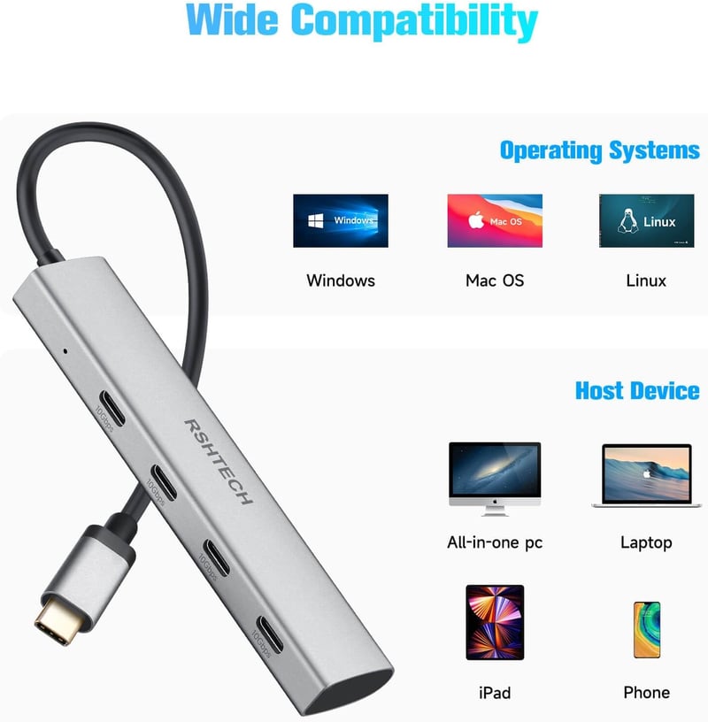 RSHTECH 10Gbps USB-C Hub 4 portos, MacBook Pro/Air M1/M2 kompatibilis, ultravékony alumínium adapter