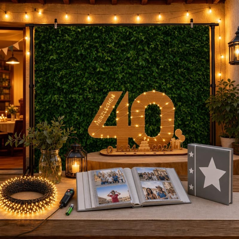 Set aniversar 40 ani: fundal foto + carte oaspeți LED + ghirlandă + album 200 poze