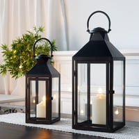 JHY DESIGN Fekete Fém Lámpás Szett - 44,5 cm és 24 cm Magas Vintage Stílusú Dekorációs Lámpások Beltéri és Kültéri Használatra, Esküvőkre, R 1