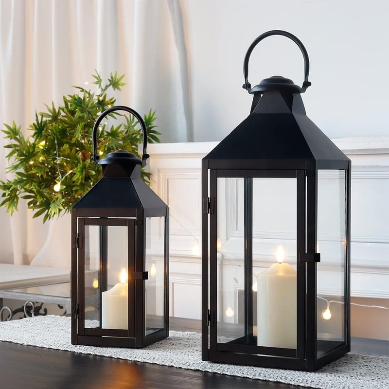 JHY DESIGN Fekete Fém Lámpás Szett - 44,5 cm és 24 cm Magas Vintage Stílusú Dekorációs Lámpások Beltéri és Kültéri Használatra, Esküvőkre, R