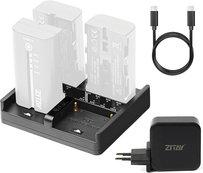 ZITAY 4-csatornás NP-F Akkumulátor Töltő - USB-C PD Gyorstöltés, Sony NP-F550/F750/F770/F970 Kompatibilis, 65W Hálózati Adapterrel
