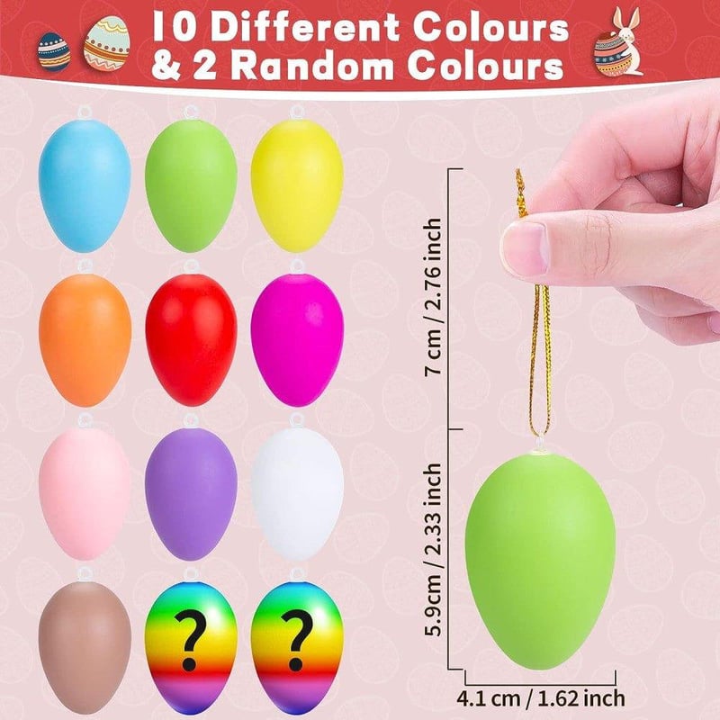 Színes műanyag tojás készlet - 12 db, kötéllel, kézműveskedéshez