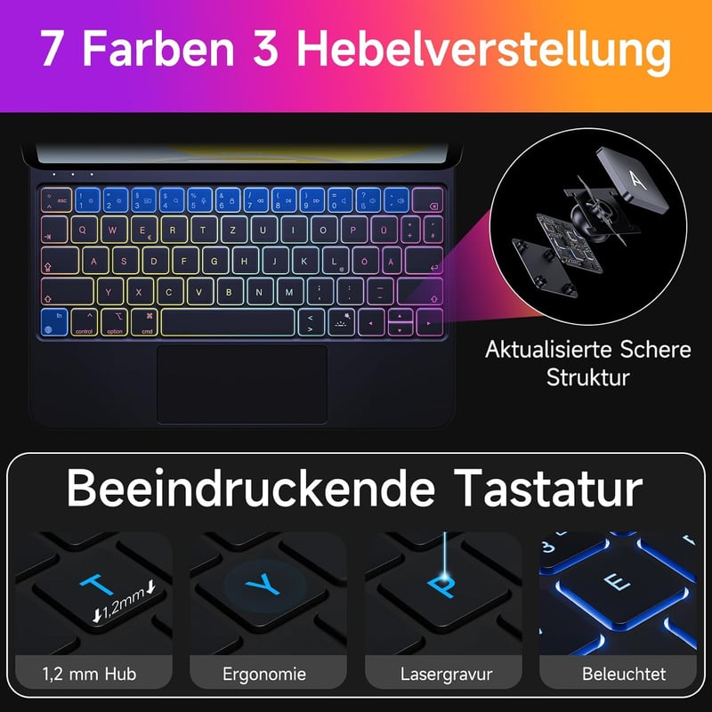 HOU iPad Air 11/Pro 11 Billentyűzetes Tok - 7 Színű Háttérvilágítás, Touchpad, QWERTZ, Bluetooth, Állítható Szög, Vékony Dizájn, Fekete