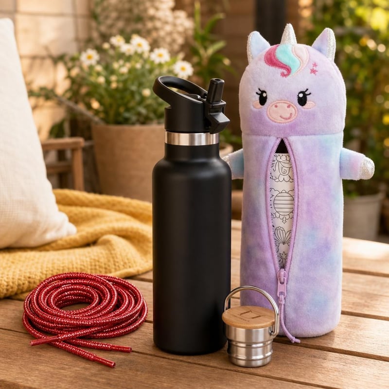 Školski sjajni set: 2 para vezica + 500 ml inox boca + pernica s jednorogom