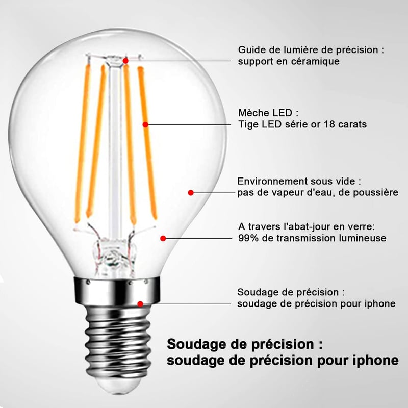 LED Filament E14 G45 Izzó - 6W Vintage Meleg Fehér 3000K 750lm - Halogén 60W Helyettesítő - Nem Szabályozható - 6 db Csomag