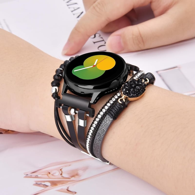 VISOOM Boho Bőr Karkötő Samsung Galaxy Watch 7/6/5/4 Órához - 20mm Gyöngyös Többrétegű Szíj 40-47mm Modellekhez, Fekete