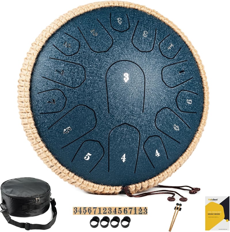 MeloBeat Tongue Drum 33 cm 15 Hangú - Professzionális Acél Handpan D-dúrban, Dalkönyvvel, Ütőkkel és Hordtáskával (Sötétkék)