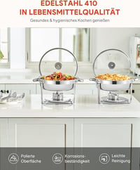 Wilprep 5,5 L Rozsdamentes Acél Ételmelegítő Szett 2 db - Kerek Chafing Dish Üvegfedővel, Ételtároló Edény Éttermeknek, Büféknek, Rendezvény 3