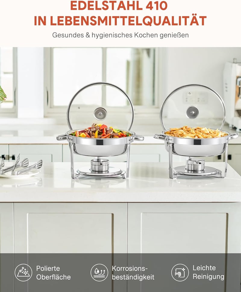 Wilprep 5,5 L Rozsdamentes Acél Ételmelegítő Szett 2 db - Kerek Chafing Dish Üvegfedővel, Ételtároló Edény Éttermeknek, Büféknek, Rendezvény